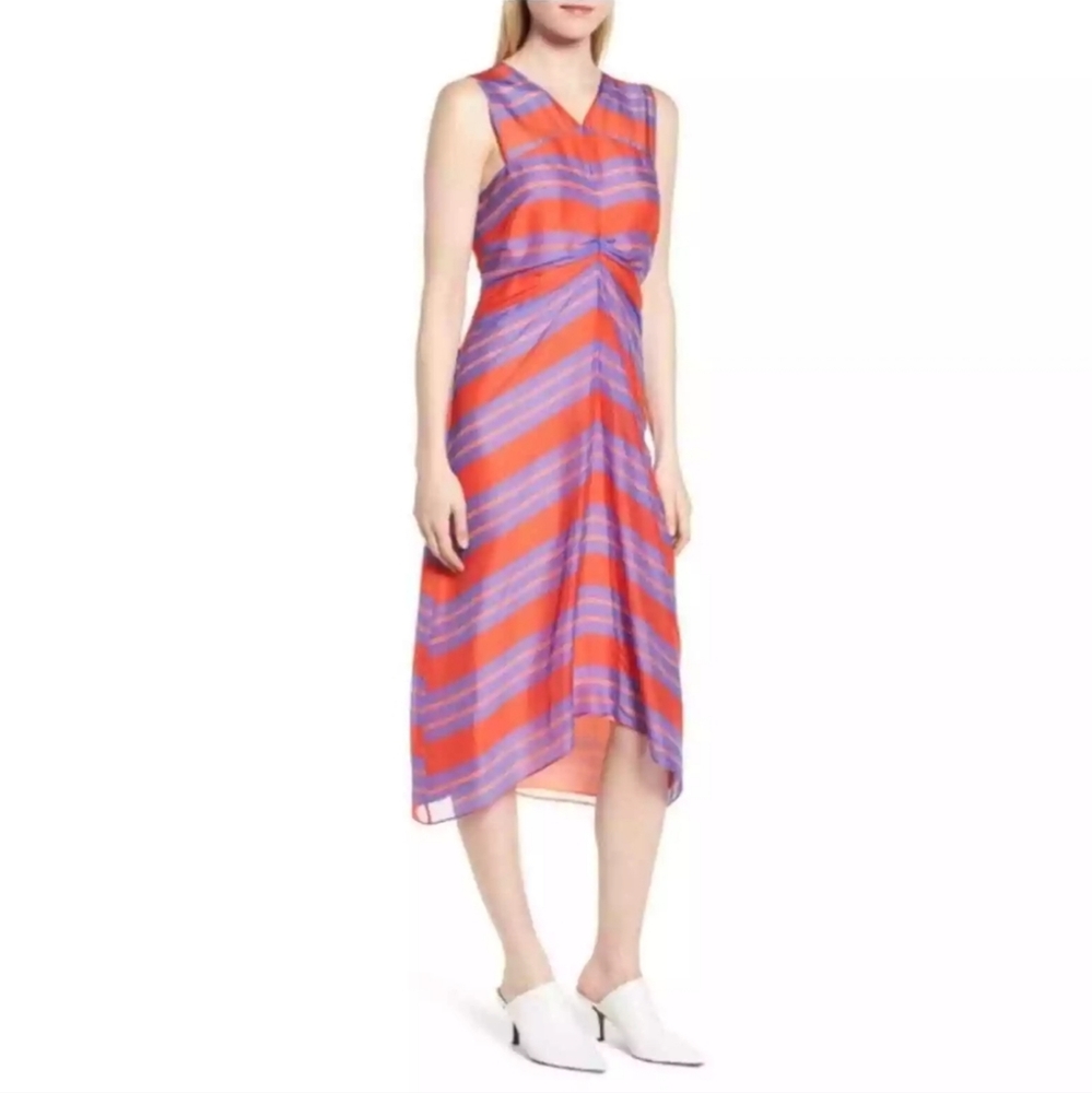 LEWIT 100% Silk Georgette Striped Midi Dress Flowy Lightweight Resort